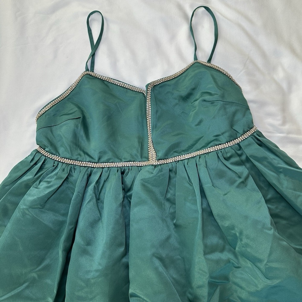 NWT Band Of Stars Fit & Flare Satin Mini Dress Emerald Green Empire Waist Size 8